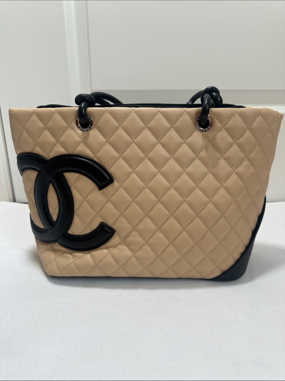 Beige and Black Quilted CC Tote